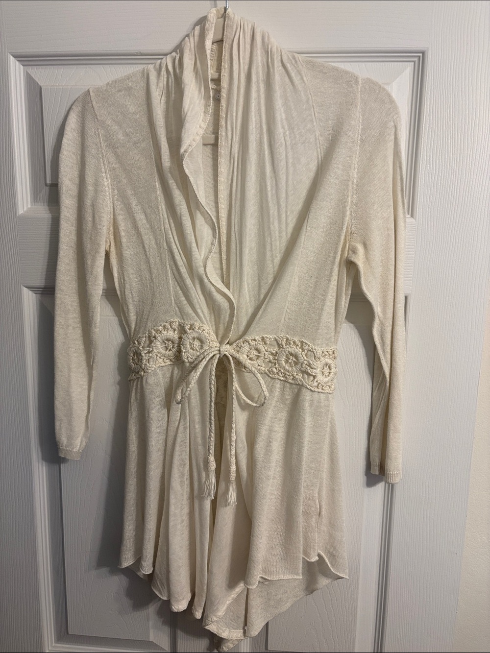 Anthropologie Cream Crochet-Tie Open Front Cardigan